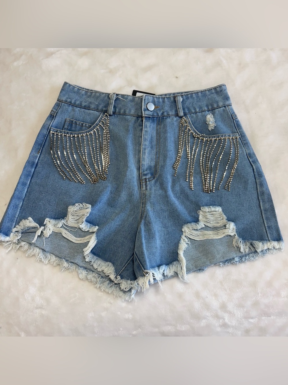 Blue B Sparkling Rhinestone Fringe Distressed Denim Shorts Small Chic Glitz